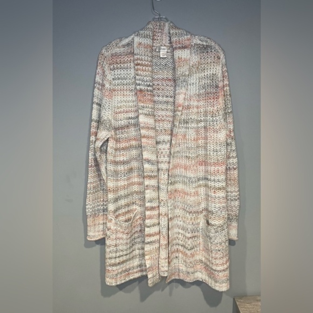 CJ Banks Cream Grey Coral Soft Cardigan Sweater Open Front Knit Crochet Acrylic